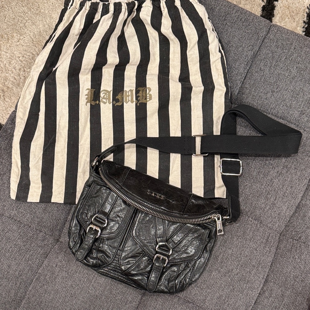L.A.M.B. Black Leather Crossbody Bag with Buckle Pockets
